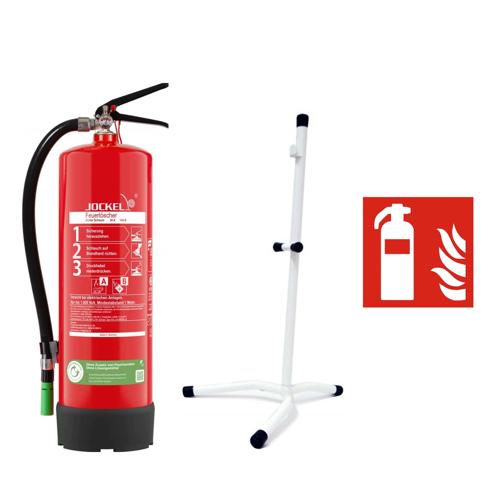 set-buero Set Büro: 6-Liter-Schaumlöscher, weißer Ständer und Schild Feuerlöscher